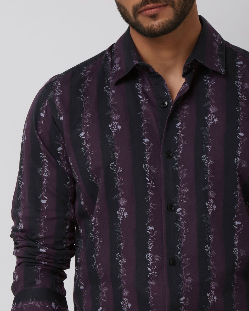 Plum Floral Stripe Slim Fit Casual Shirt
