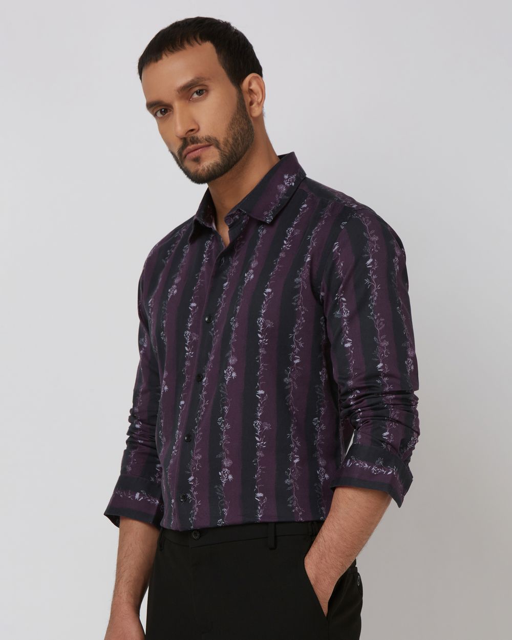 Plum Floral Stripe Slim Fit Casual Shirt