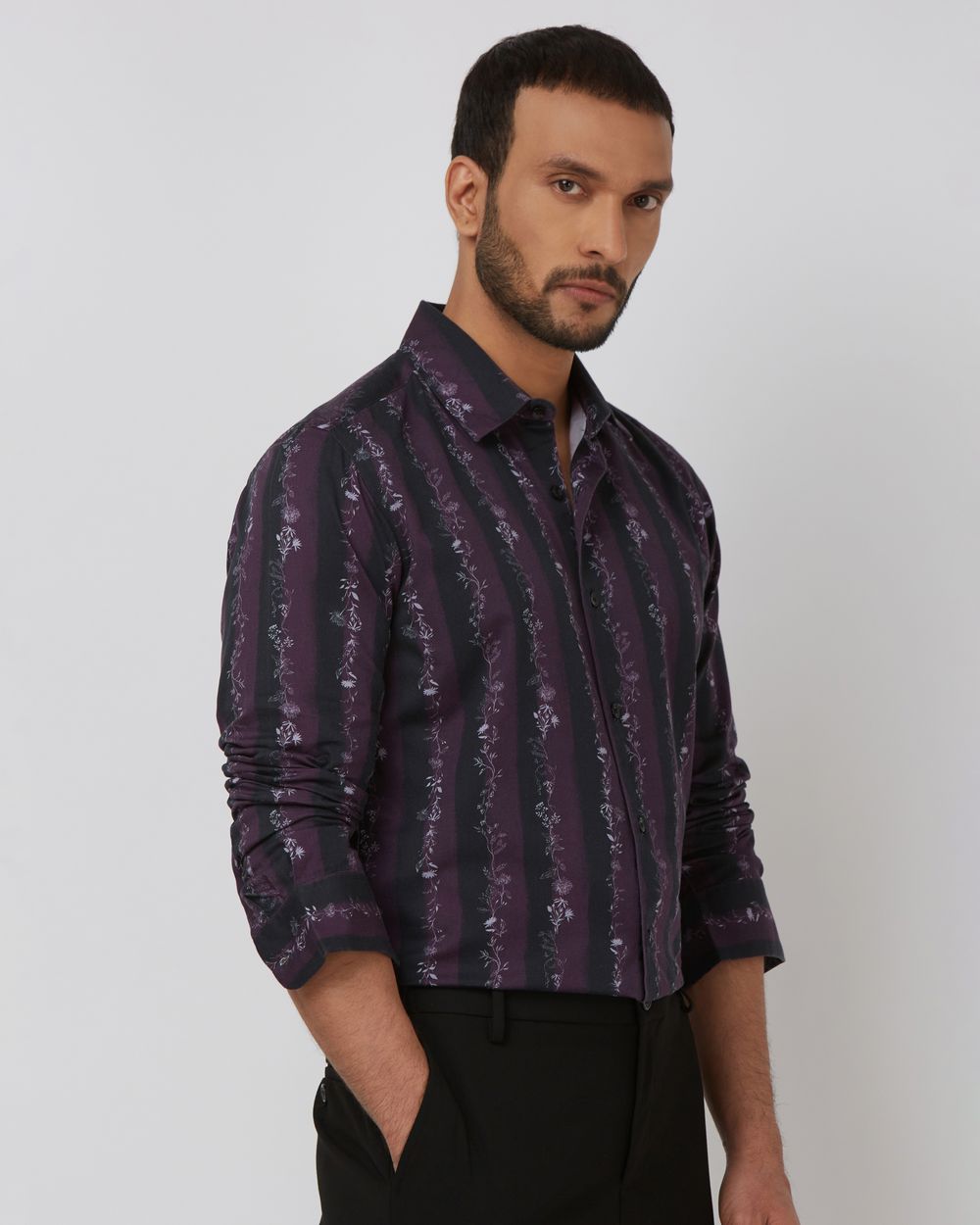 Plum Floral Stripe Slim Fit Casual Shirt