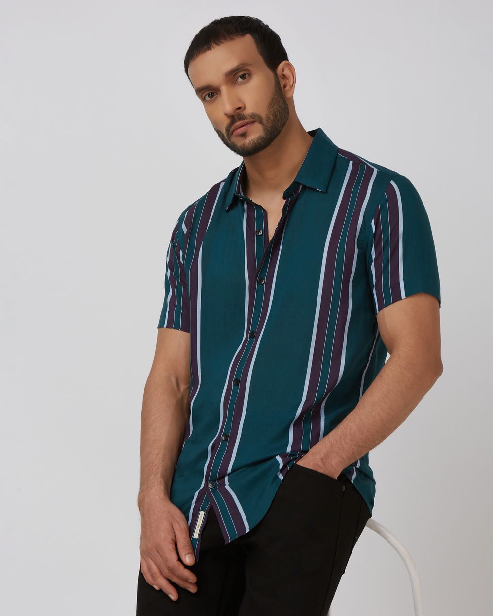 Dark Green Printed Stripe Slim Fit Casual Shirt