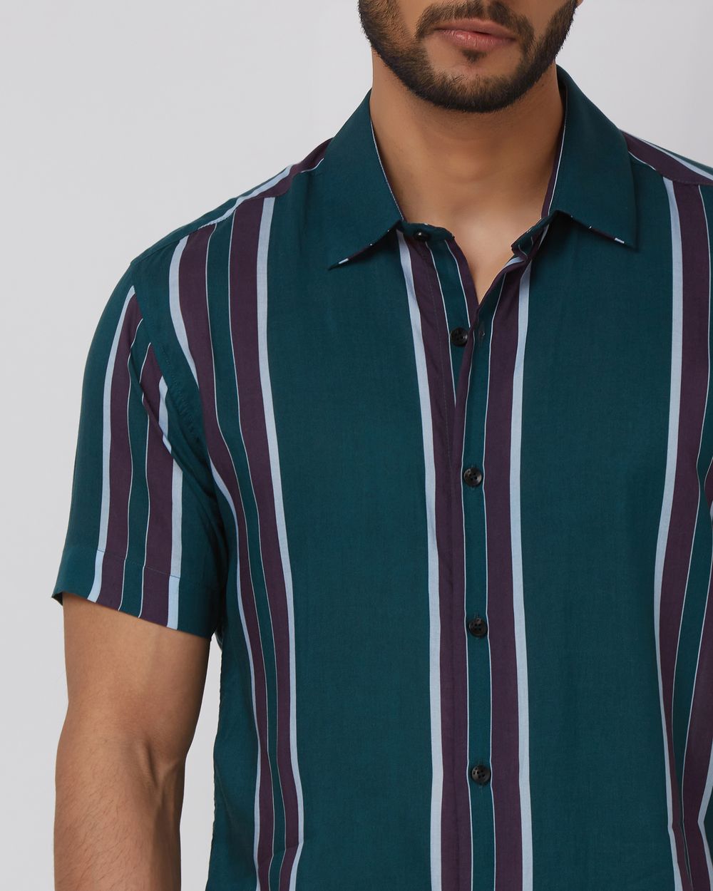 Dark Green Printed Stripe Slim Fit Casual Shirt