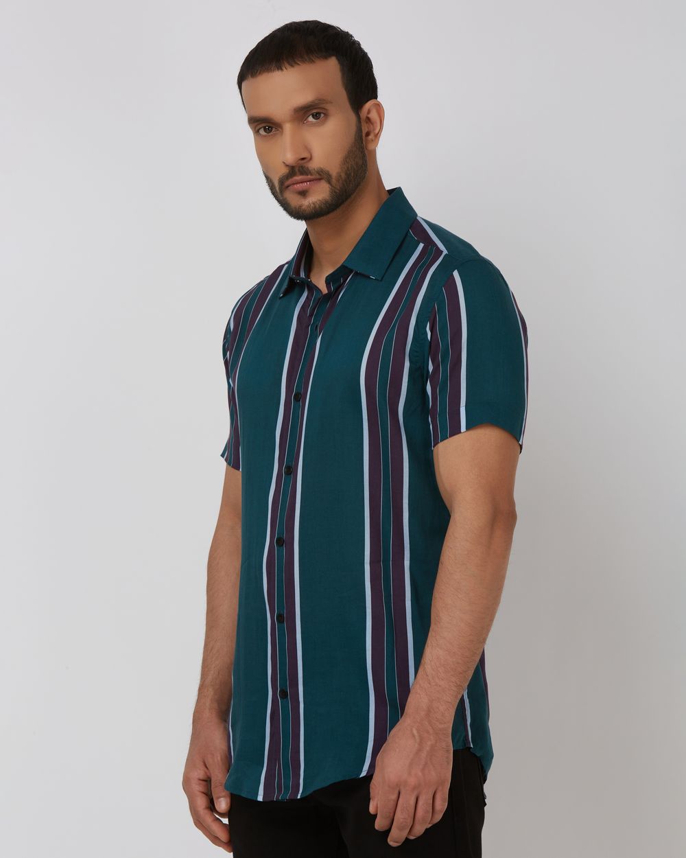 Dark Green Printed Stripe Slim Fit Casual Shirt