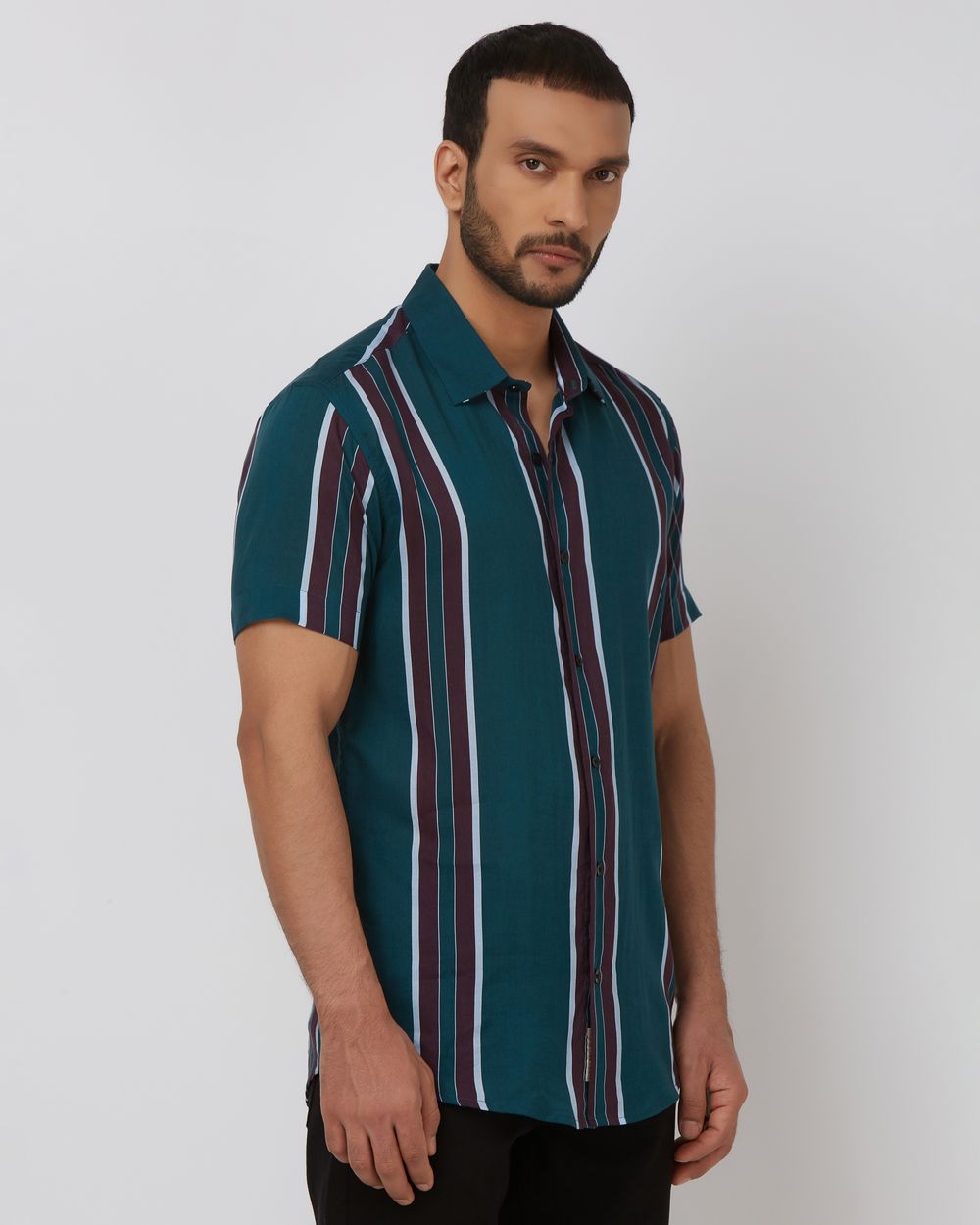 Dark Green Printed Stripe Slim Fit Casual Shirt