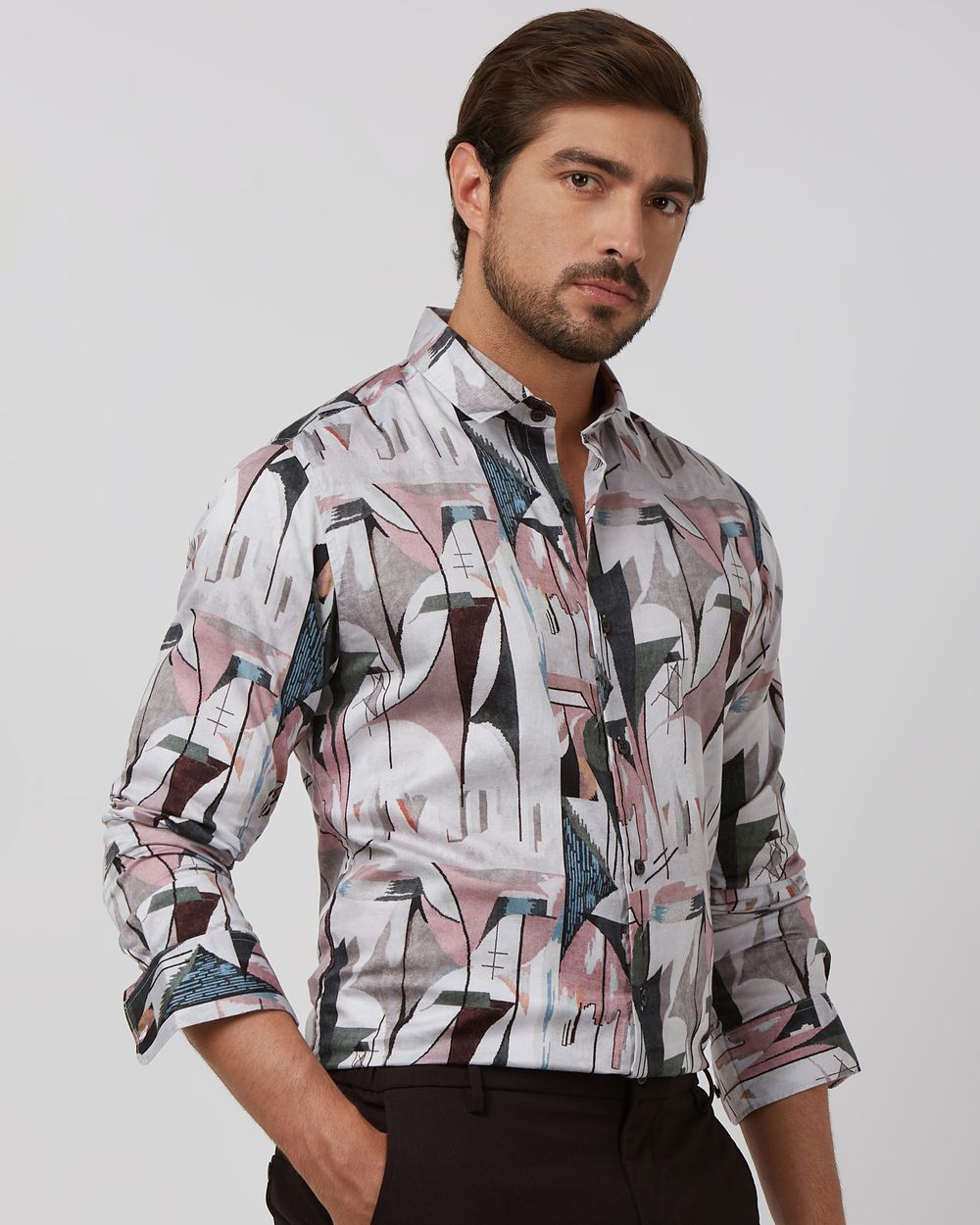 Pink Abstract Print Slim Fit Casual Shirt