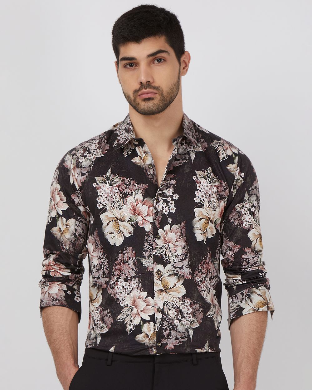 Grey Floral Print Slim Fit Casual Shirt