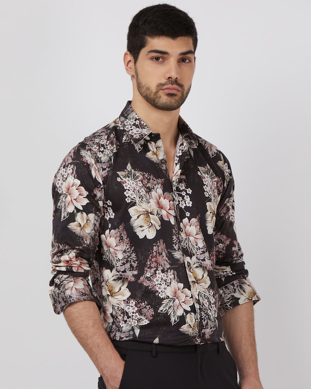 Grey Floral Print Slim Fit Casual Shirt