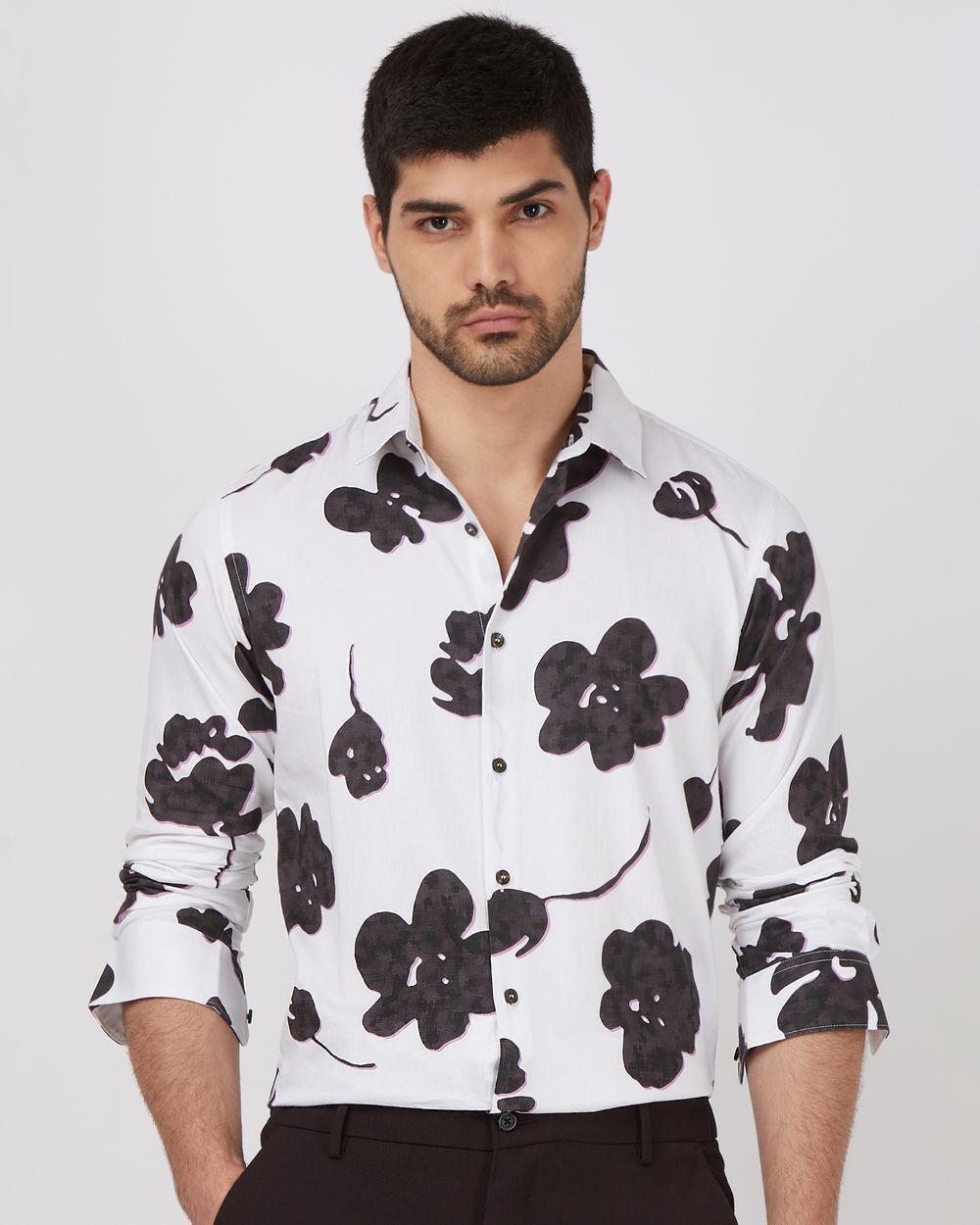 White Floral Print Slim Fit Casual Shirt