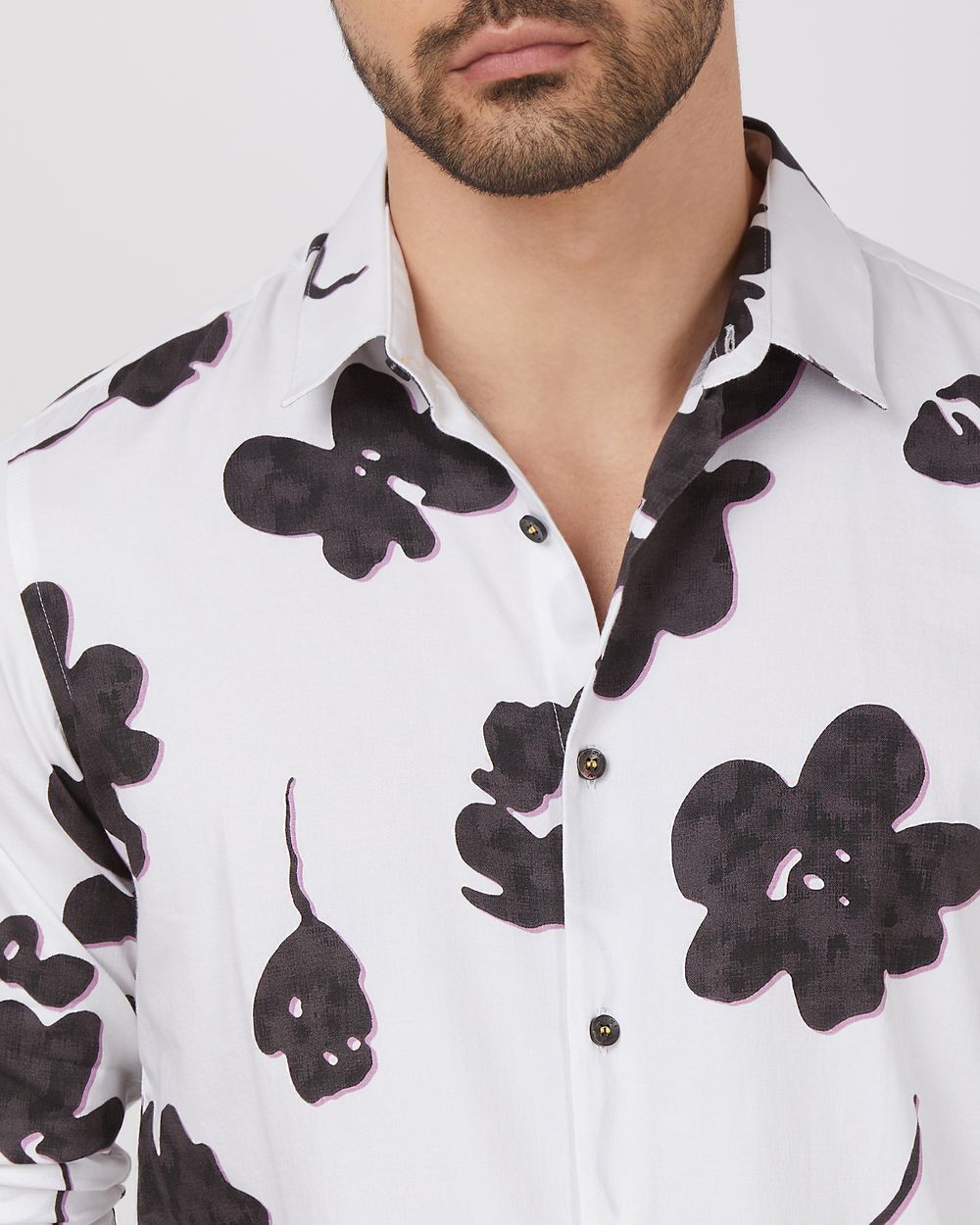 White Floral Print Slim Fit Casual Shirt