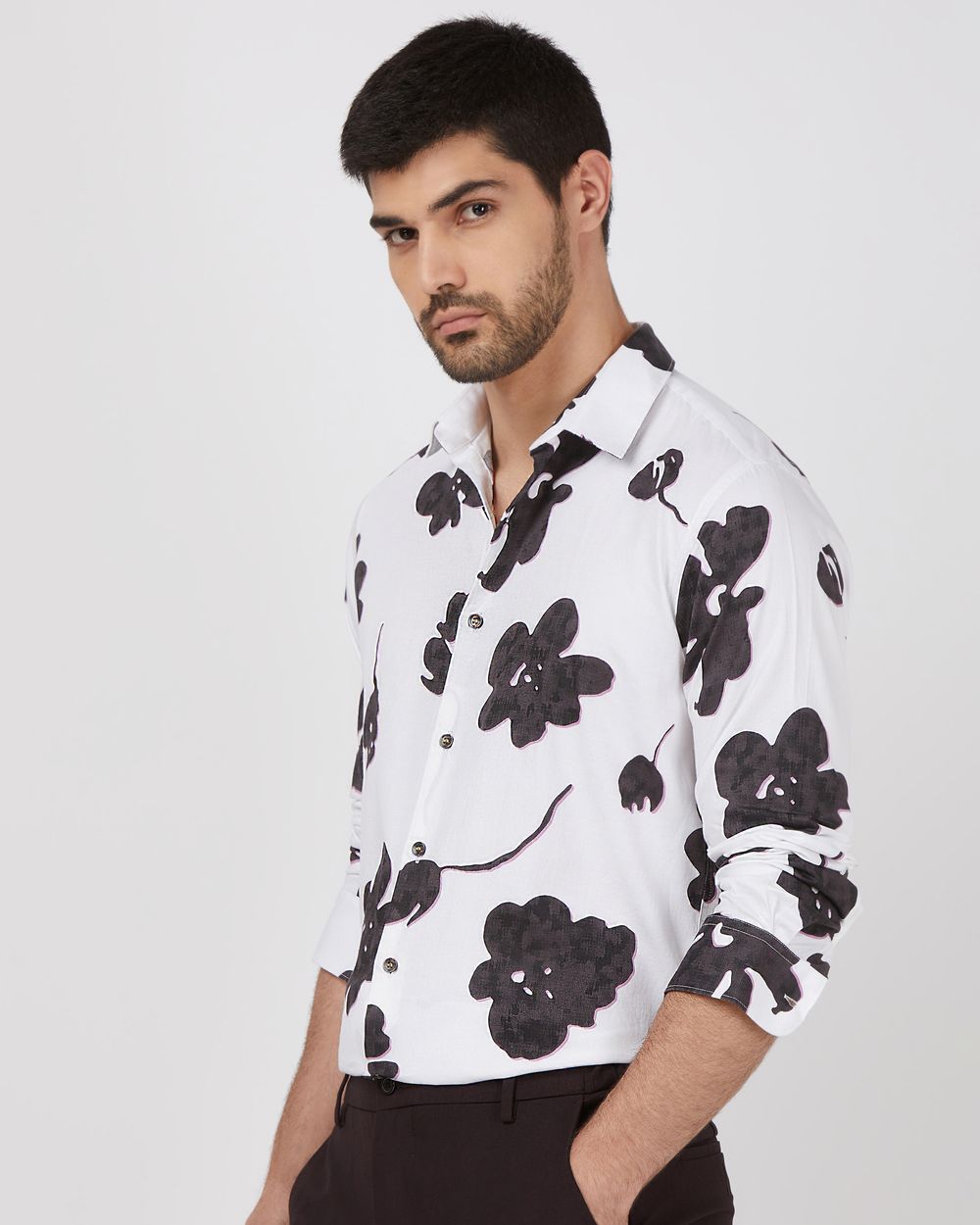 White Floral Print Slim Fit Casual Shirt