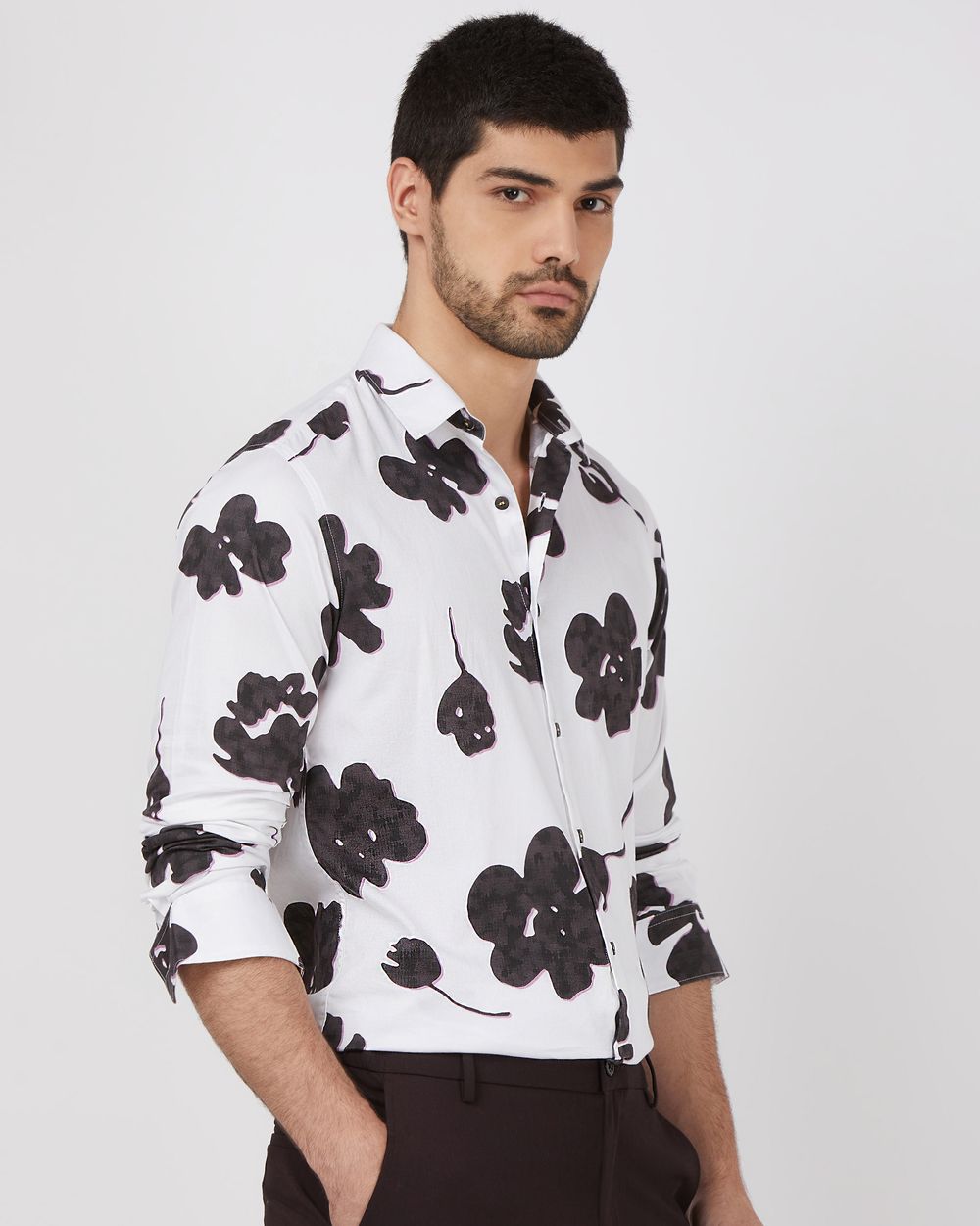 White Floral Print Slim Fit Casual Shirt
