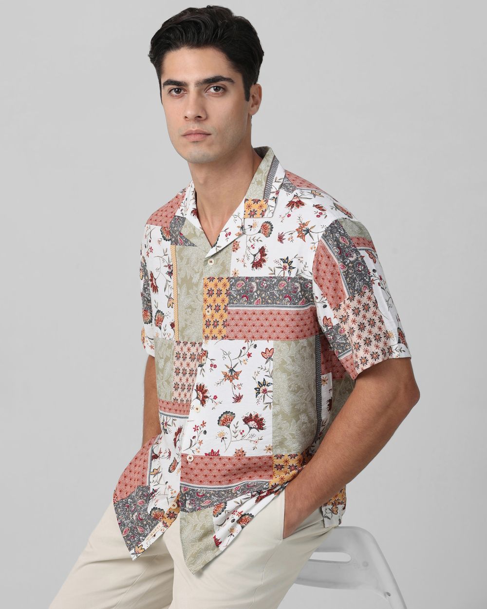 Multicolour Patchwork Print Relaxed Fit Casual Shirt