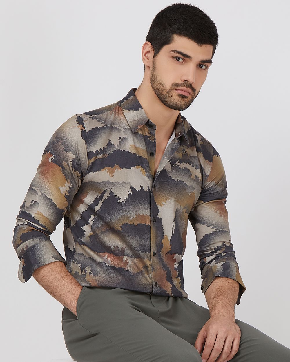 Olive Digital Print Slim Fit Casual Shirt