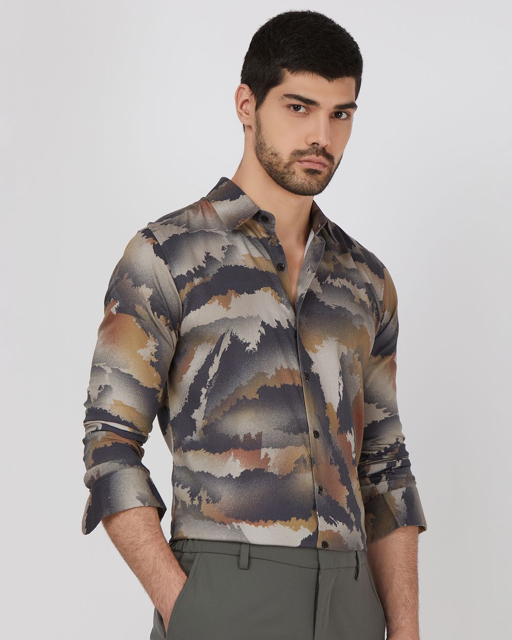 Olive Digital Print Slim Fit Casual Shirt