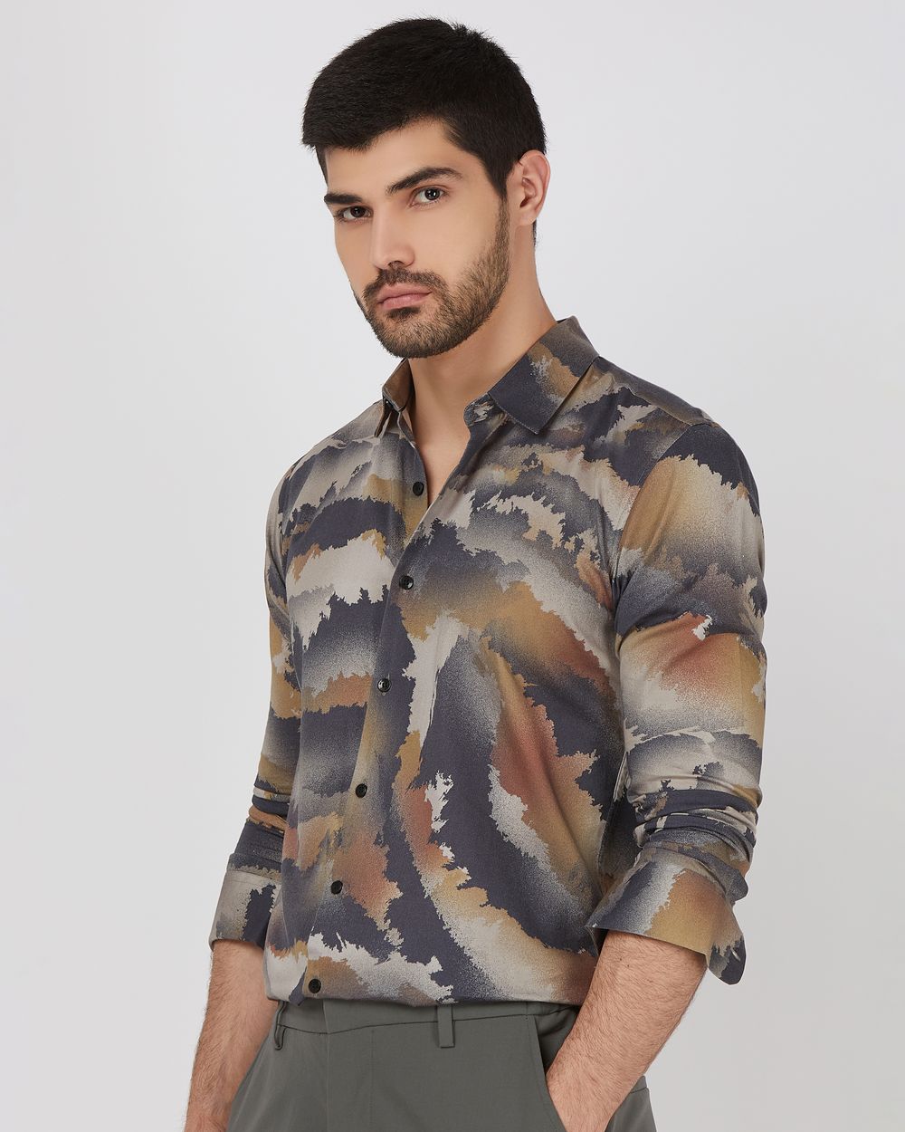 Olive Digital Print Slim Fit Casual Shirt