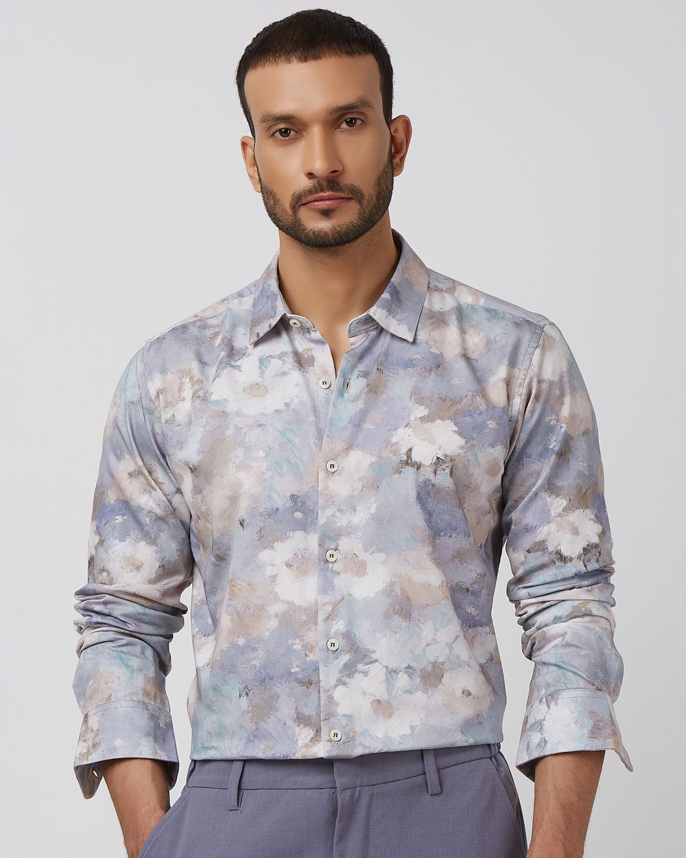 Lilac Floral Print Slim Fit Casual Shirt