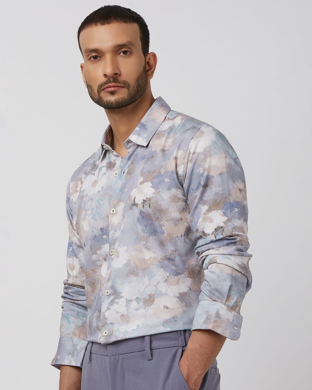 Lilac Floral Print Slim Fit Casual Shirt