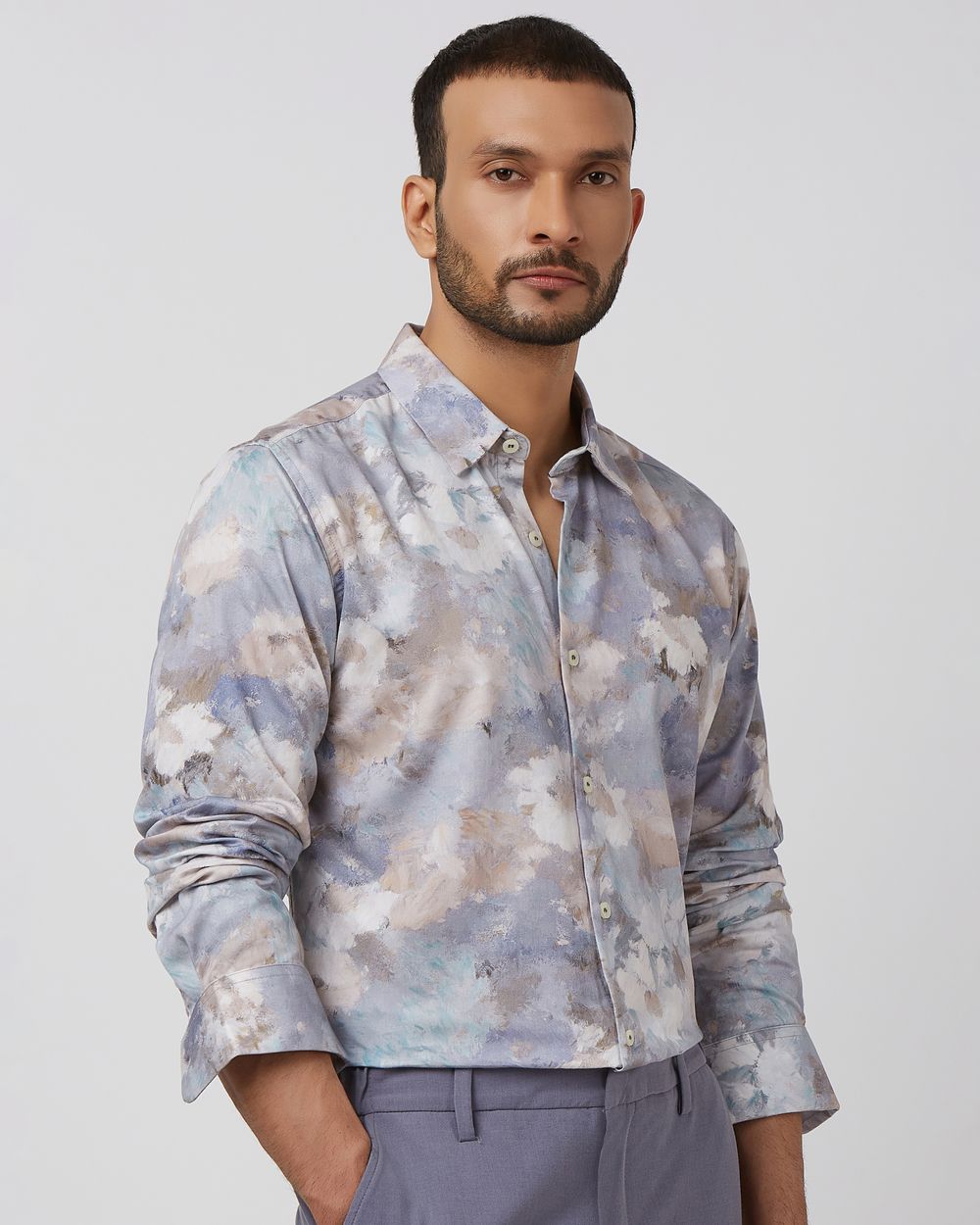 Lilac Floral Print Slim Fit Casual Shirt