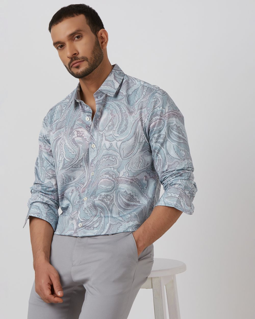 Grey Paisley Print Slim Fit Casual Shirt