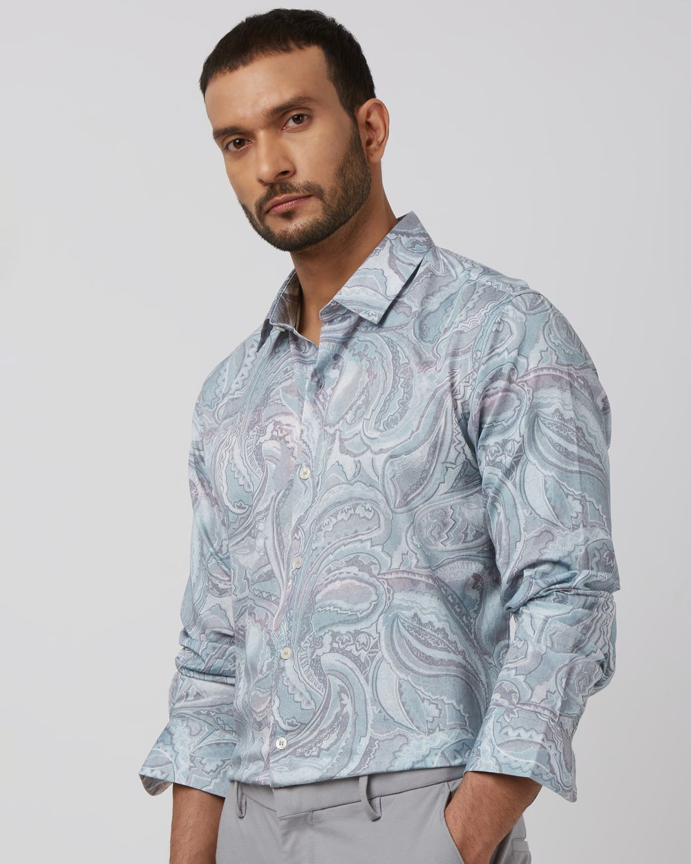 Grey Paisley Print Slim Fit Casual Shirt