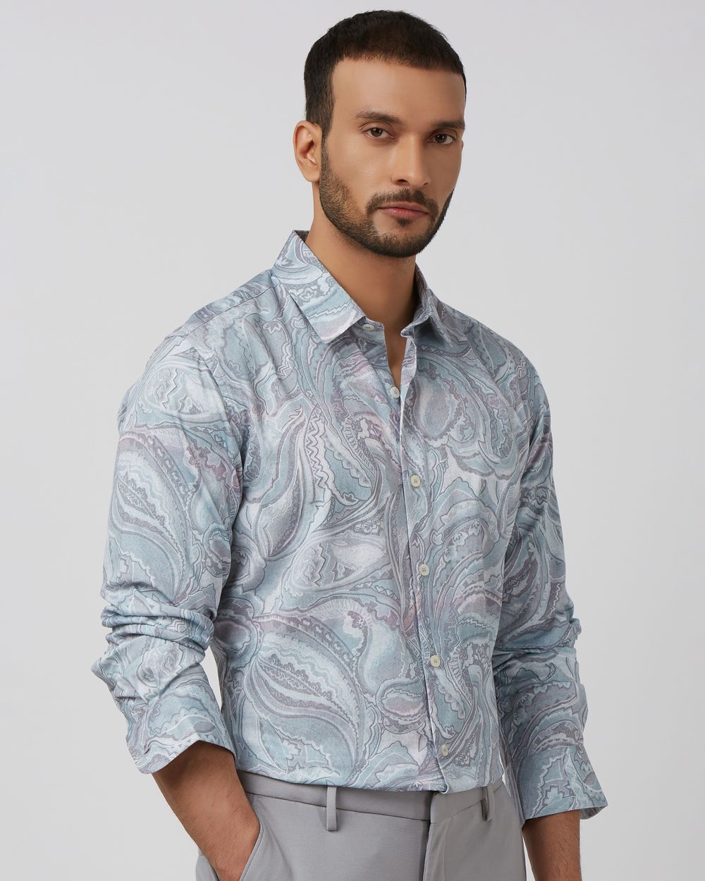 Grey Paisley Print Slim Fit Casual Shirt