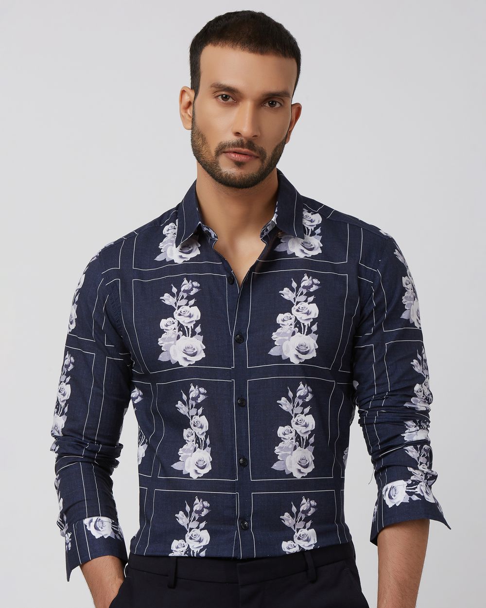 Navy Floral Print Slim Fit Casual Shirt