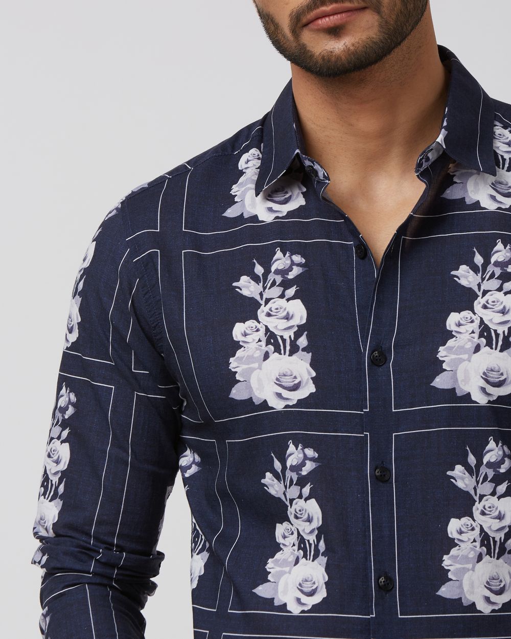 Navy Floral Print Slim Fit Casual Shirt