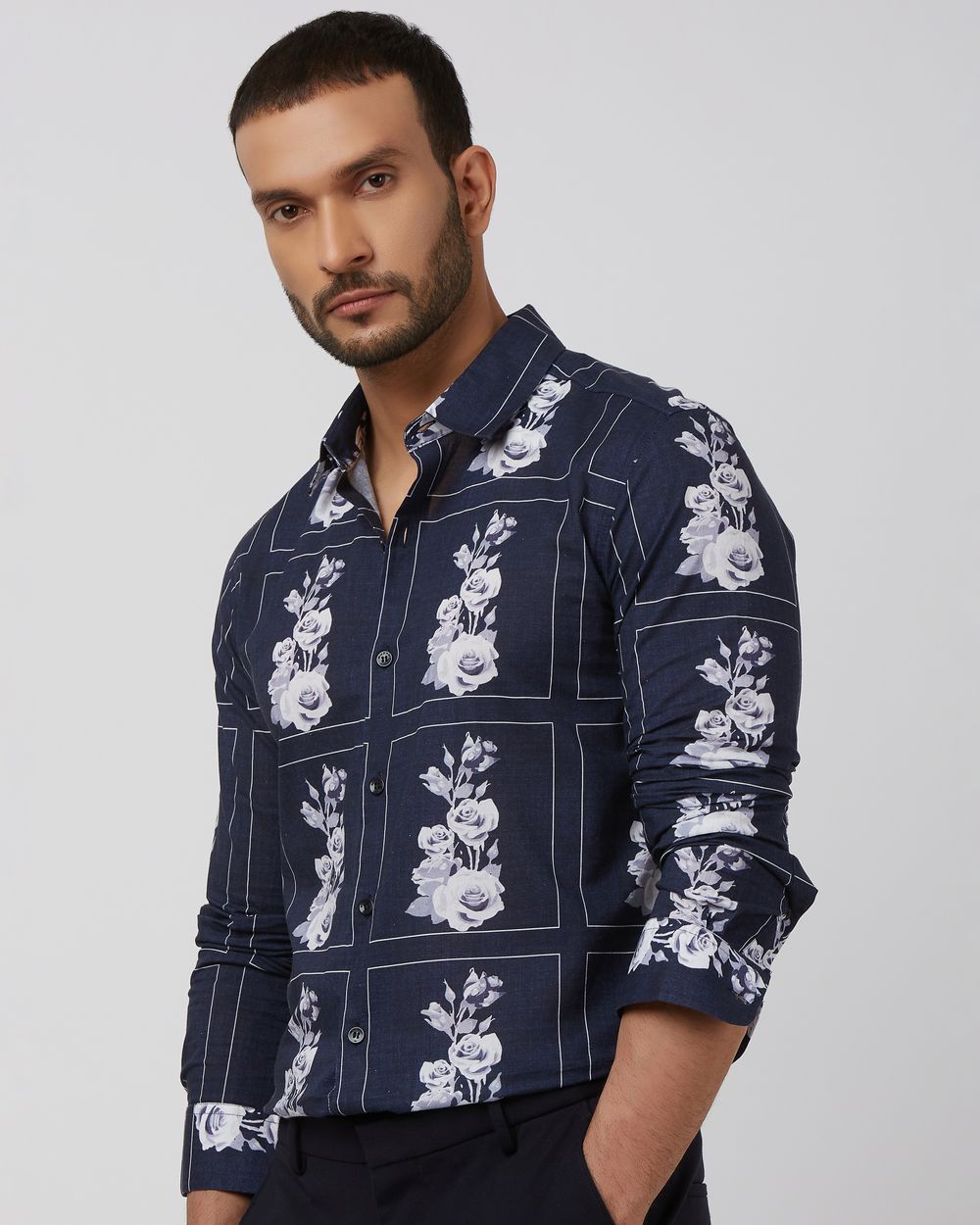 Navy Floral Print Slim Fit Casual Shirt