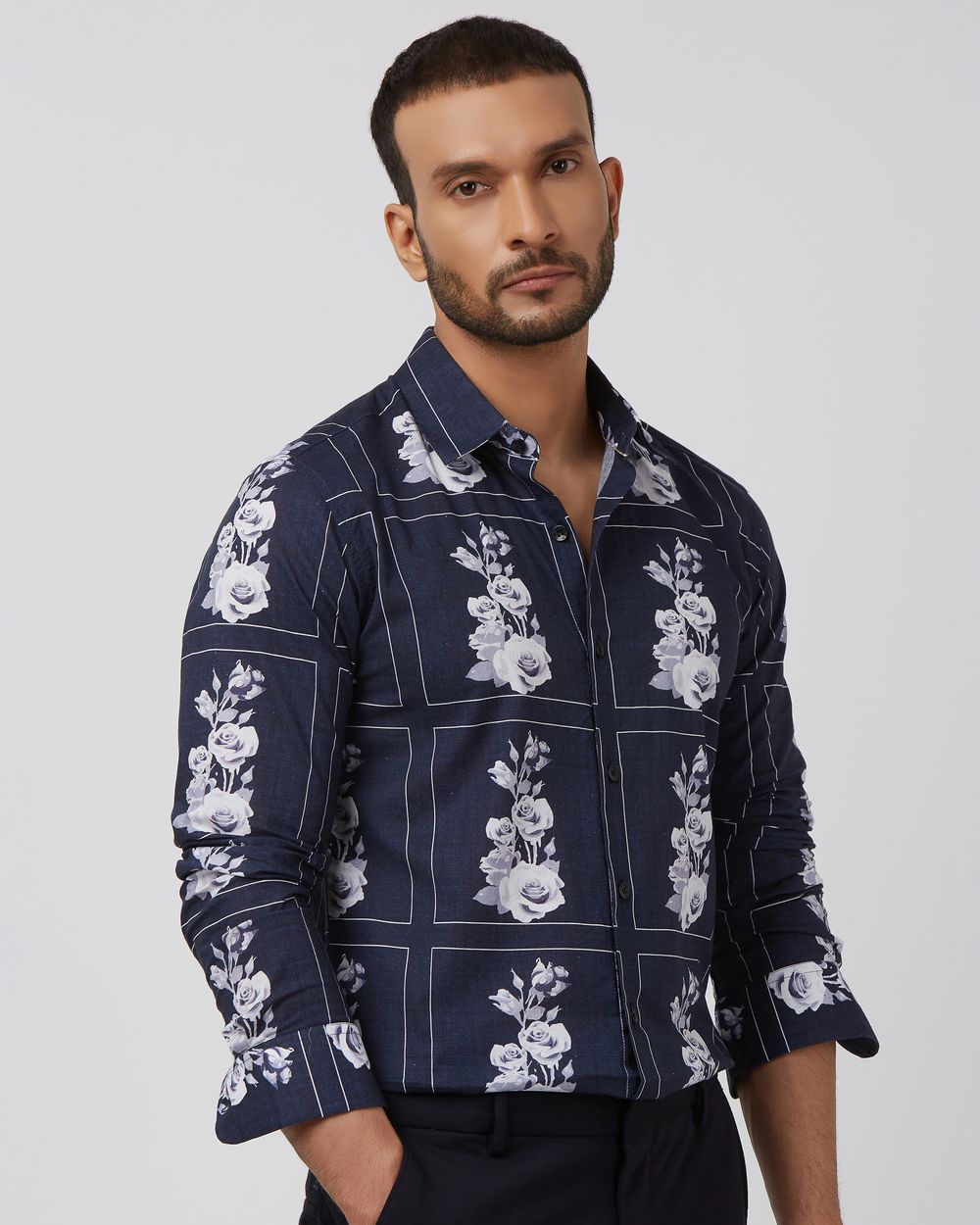 Navy Floral Print Slim Fit Casual Shirt