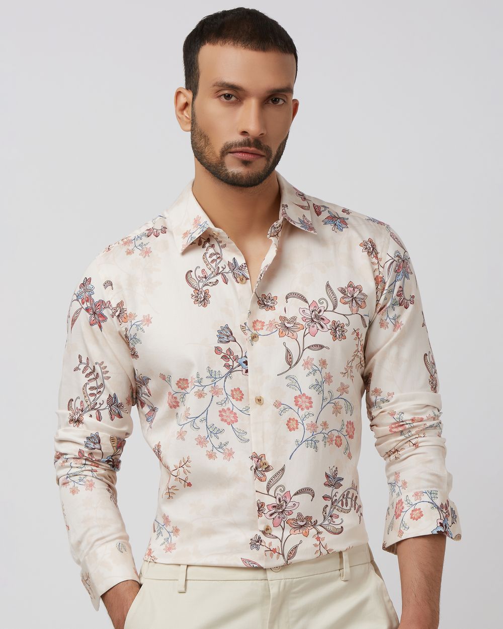 Beige Floral Print Slim Fit Casual Shirt