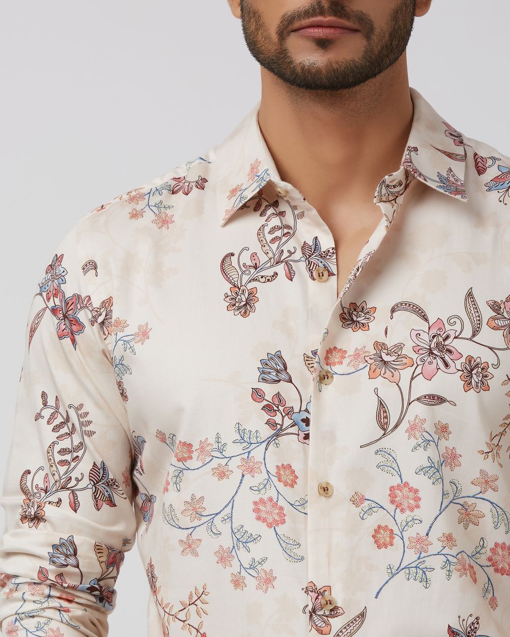 Beige Floral Print Slim Fit Casual Shirt