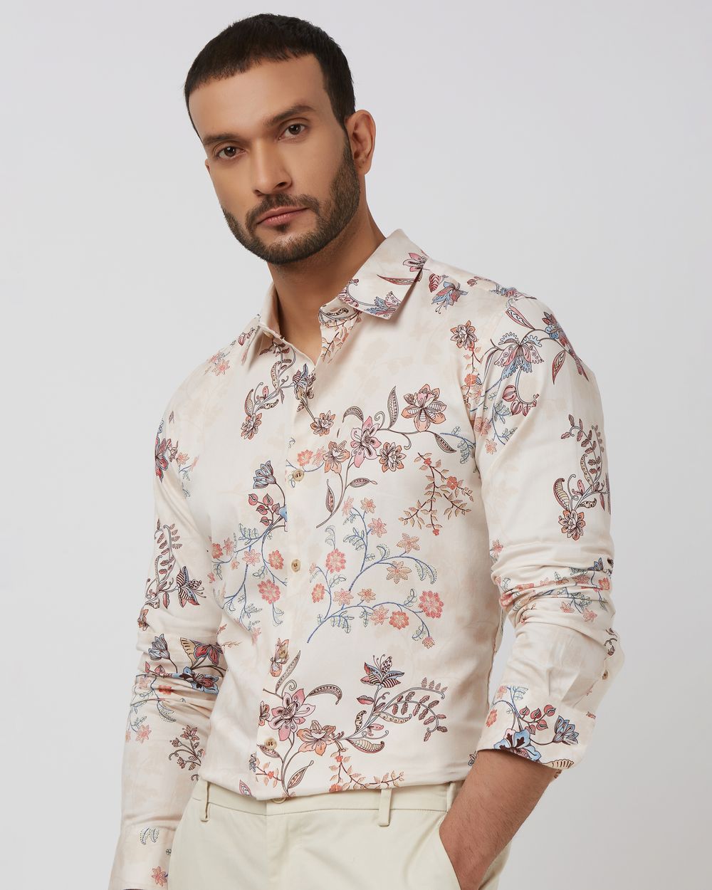 Beige Floral Print Slim Fit Casual Shirt