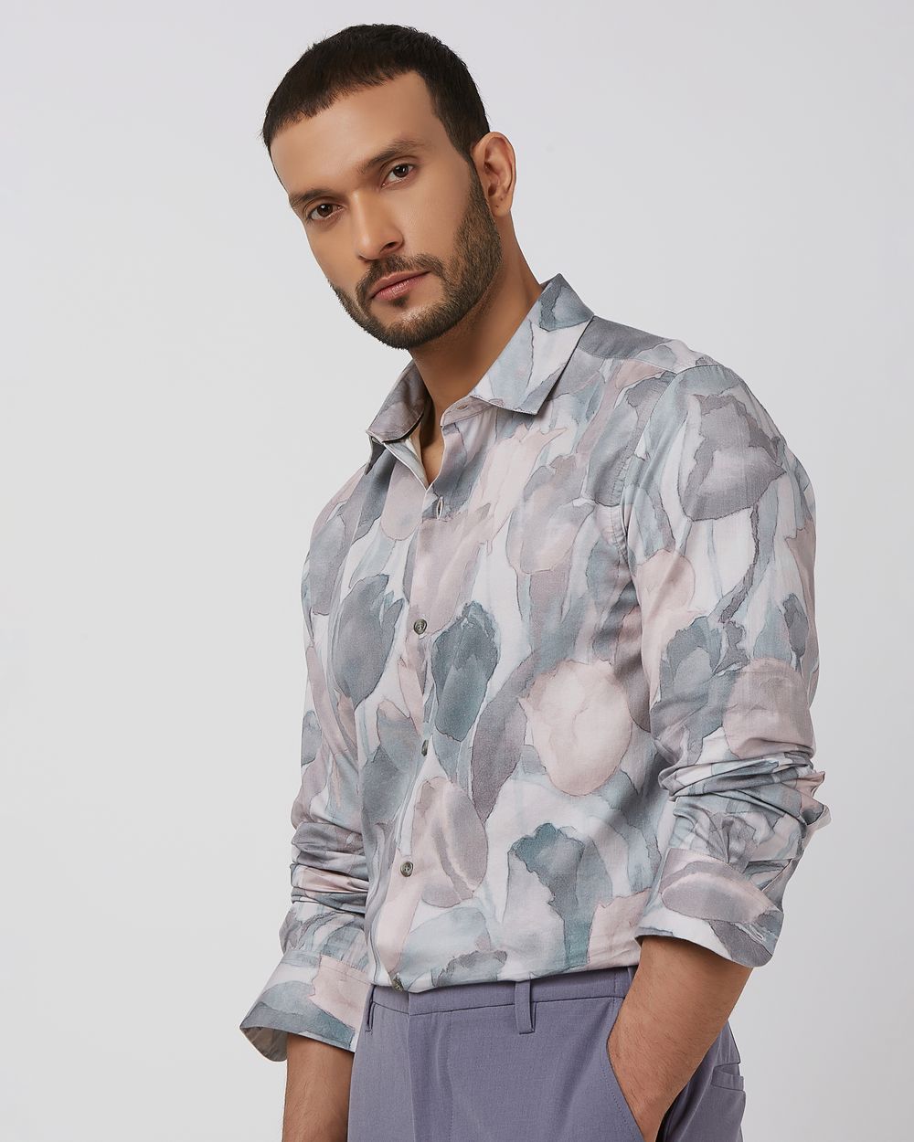 Pastel Pink Digital Print Slim Fit Casual Shirt