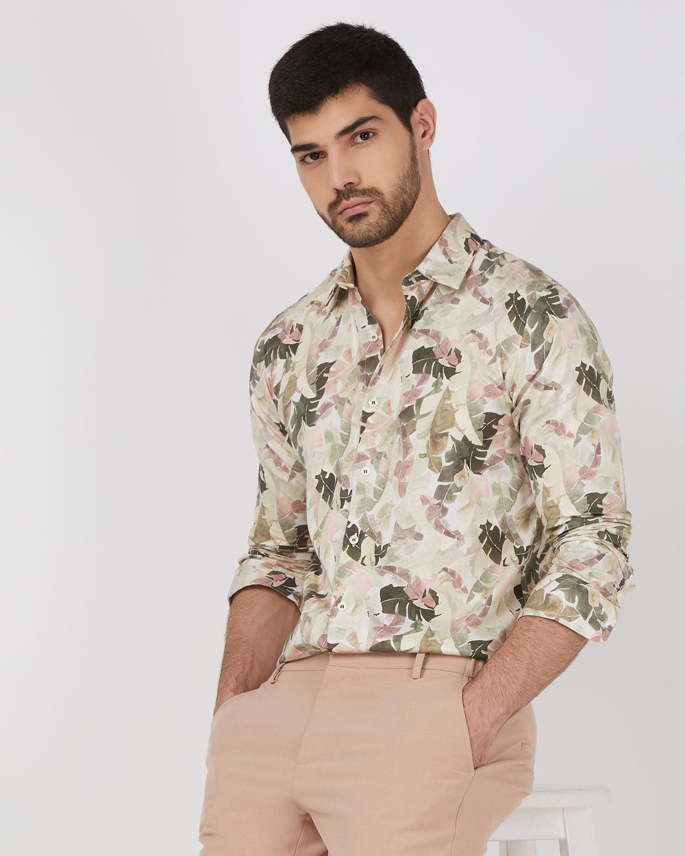 Beige Digital Print Slim Fit Casual Shirt