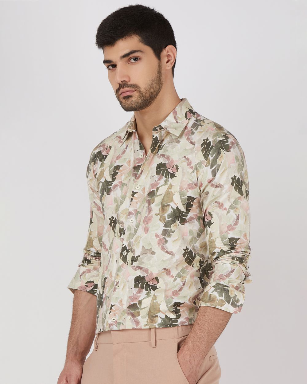 Beige Digital Print Slim Fit Casual Shirt