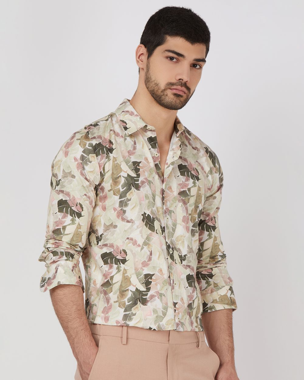 Beige Digital Print Slim Fit Casual Shirt