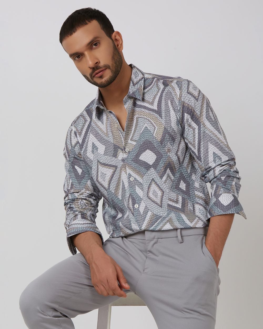 Grey Digital Print Slim Fit Casual Shirt