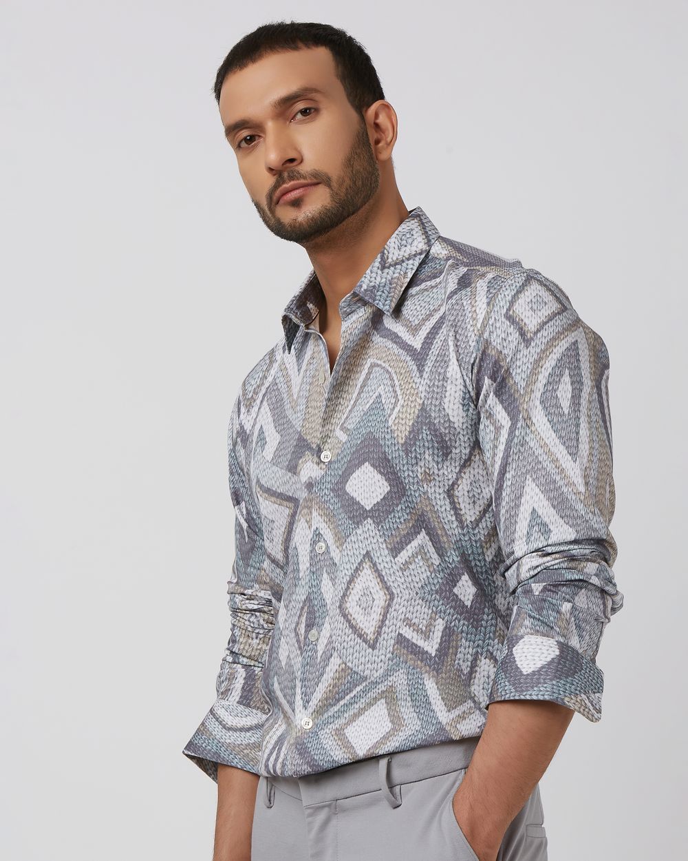 Grey Digital Print Slim Fit Casual Shirt