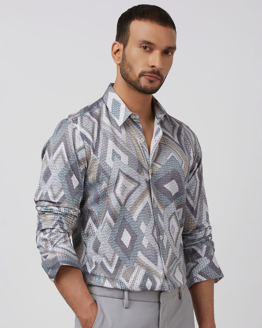Grey Digital Print Slim Fit Casual Shirt