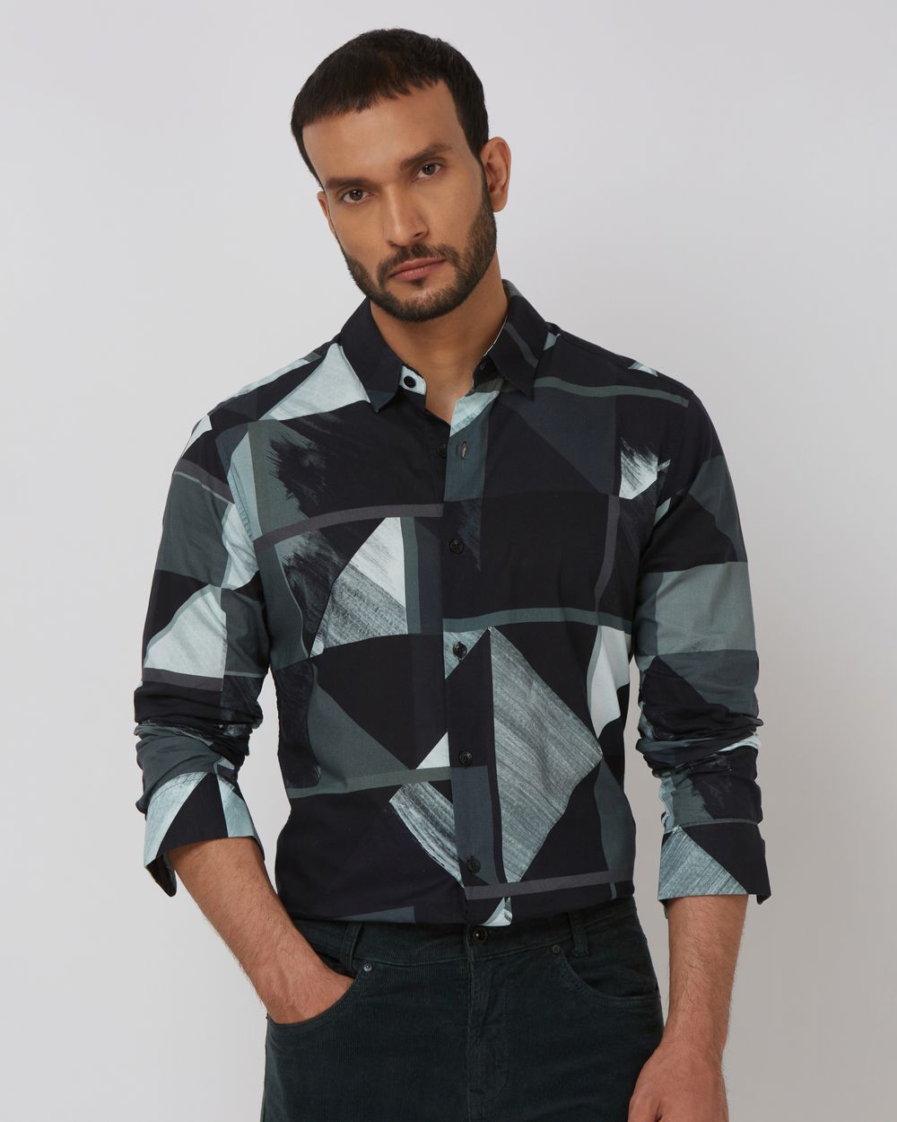 Black Digital Print Slim Fit Casual Shirt