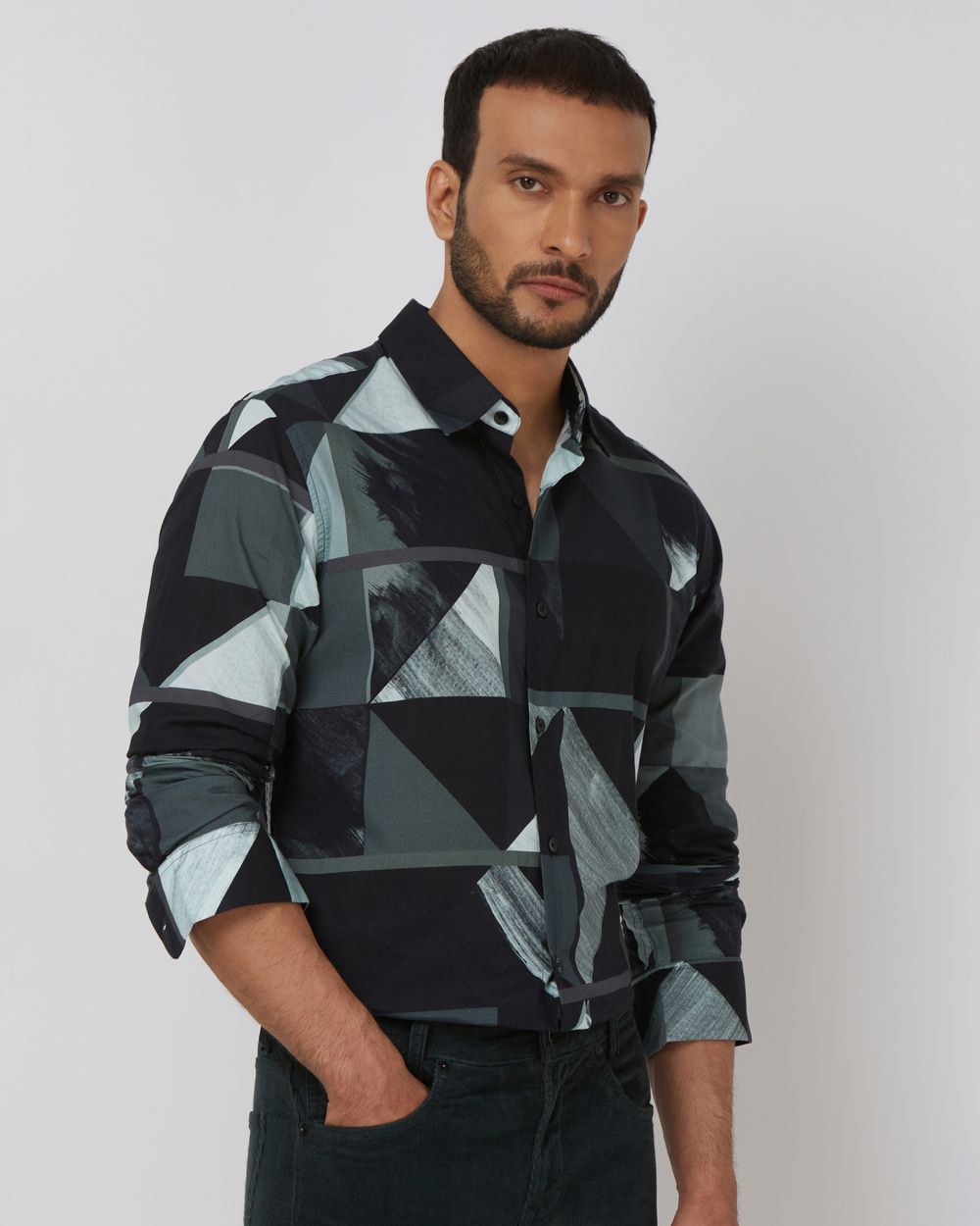Black Digital Print Slim Fit Casual Shirt