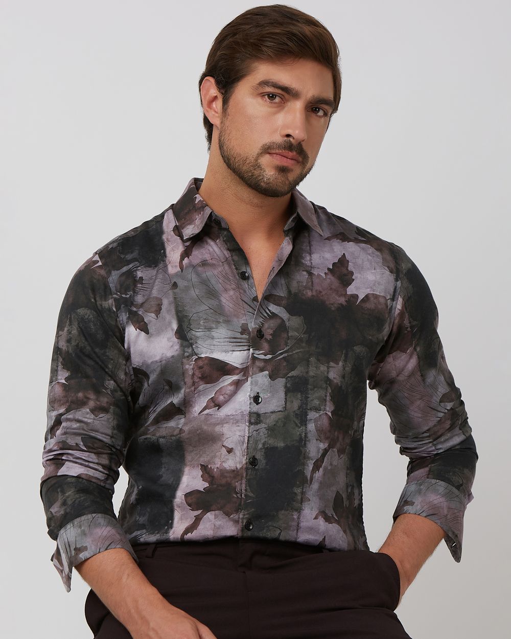 Grey Digital Plain Slim Fit Casual Shirt