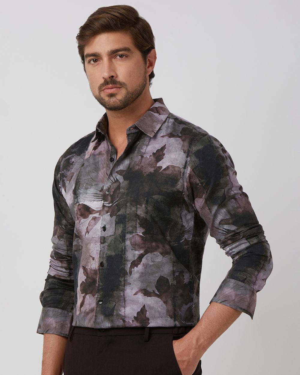 Grey Digital Plain Slim Fit Casual Shirt