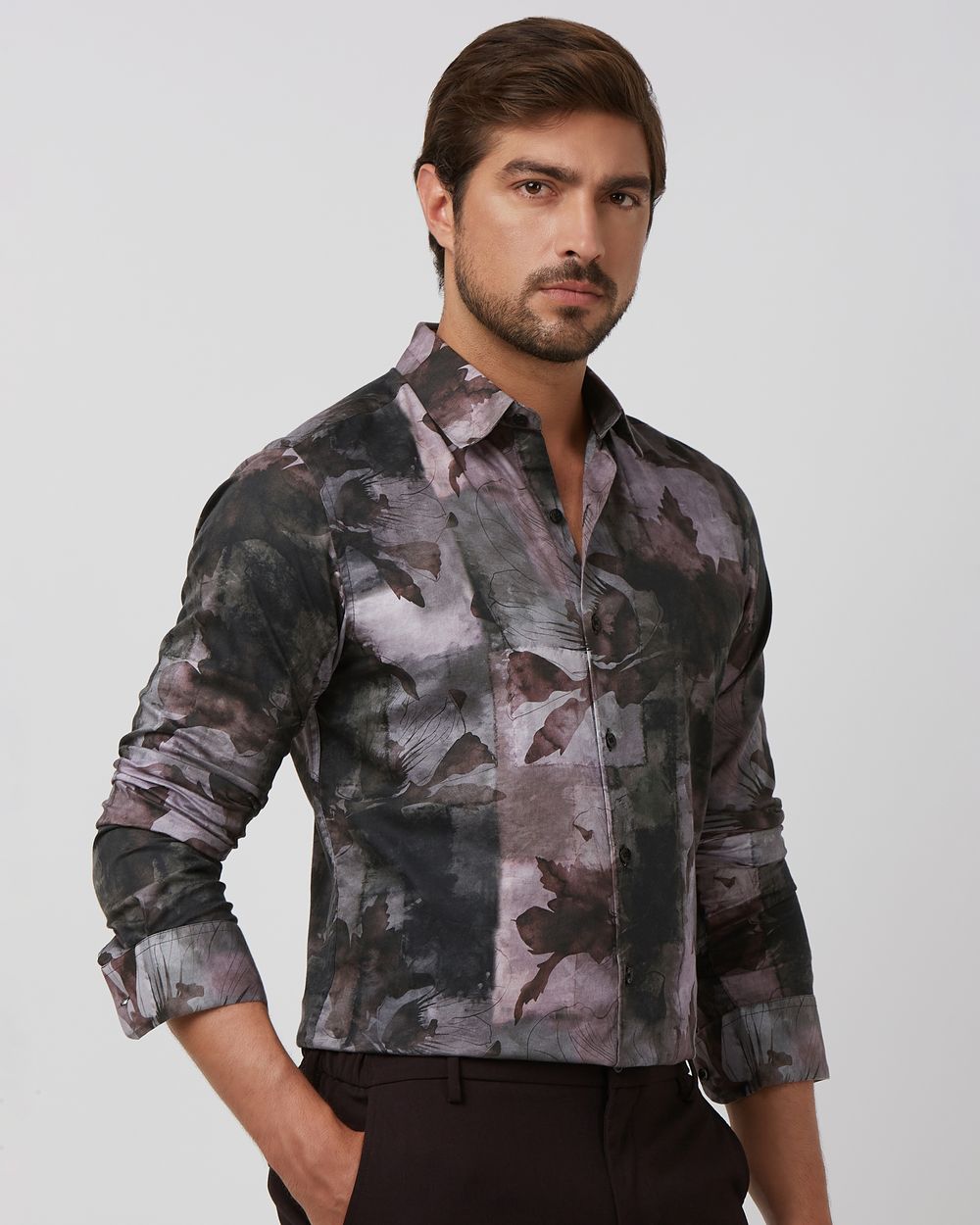 Grey Digital Plain Slim Fit Casual Shirt