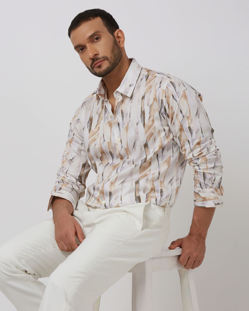 Beige Digital Print Slim Fit Casual Shirt