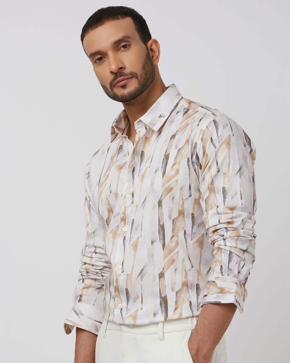 Beige Digital Print Slim Fit Casual Shirt