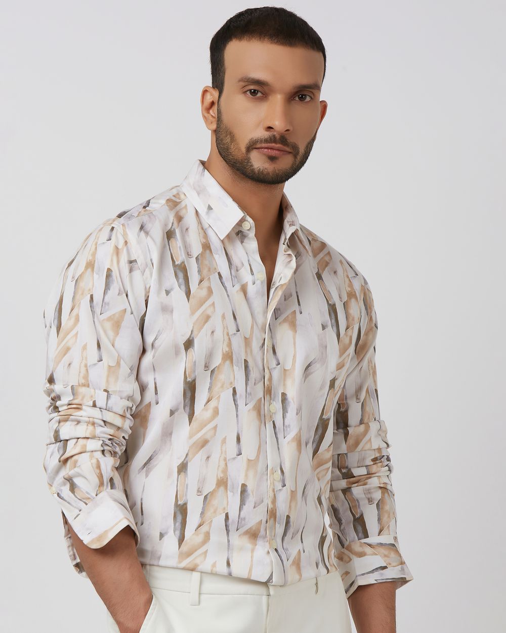 Beige Digital Print Slim Fit Casual Shirt