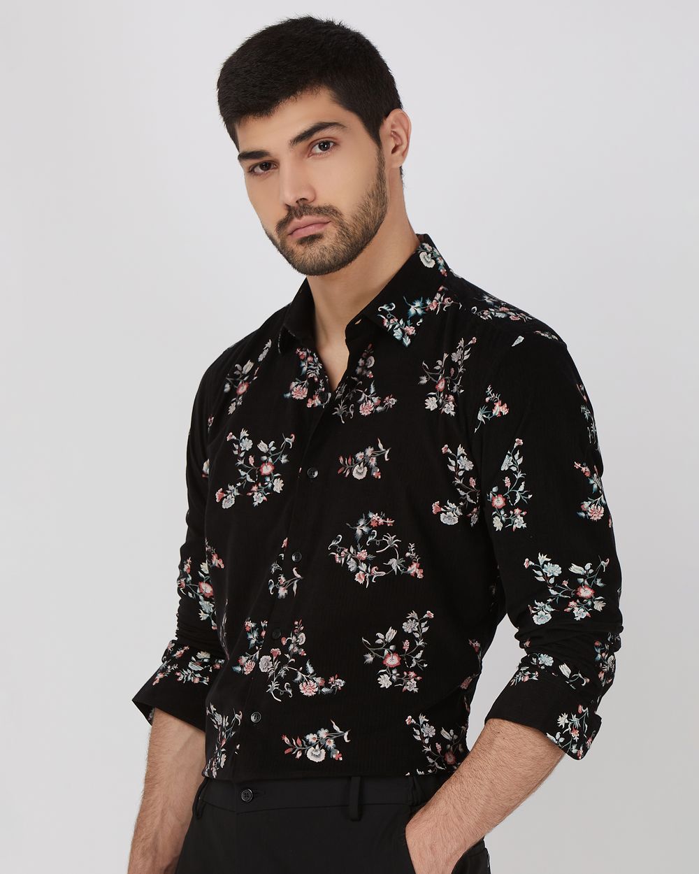 Black Floral Print Slim Fit Casual Shirt