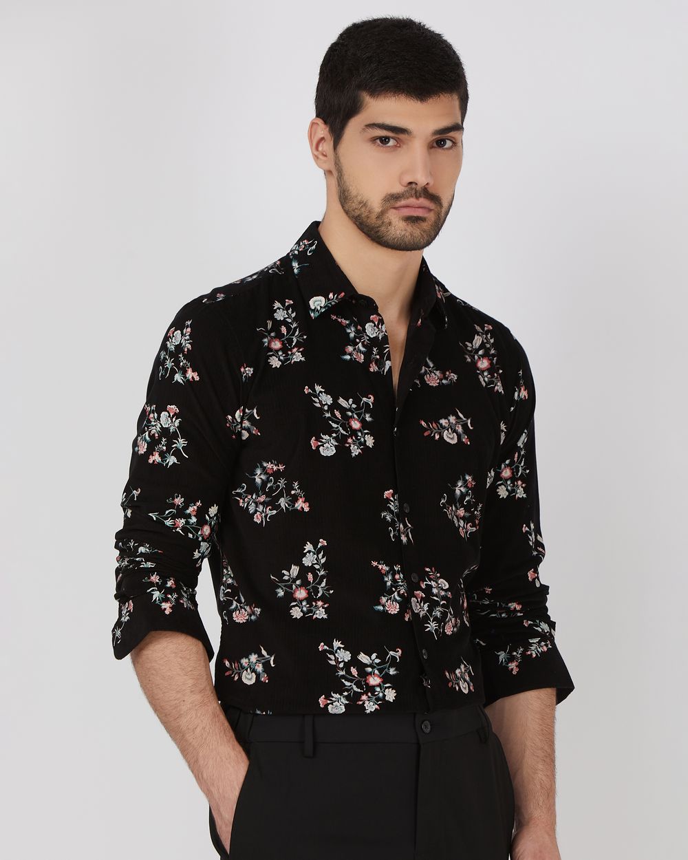 Black Floral Print Slim Fit Casual Shirt