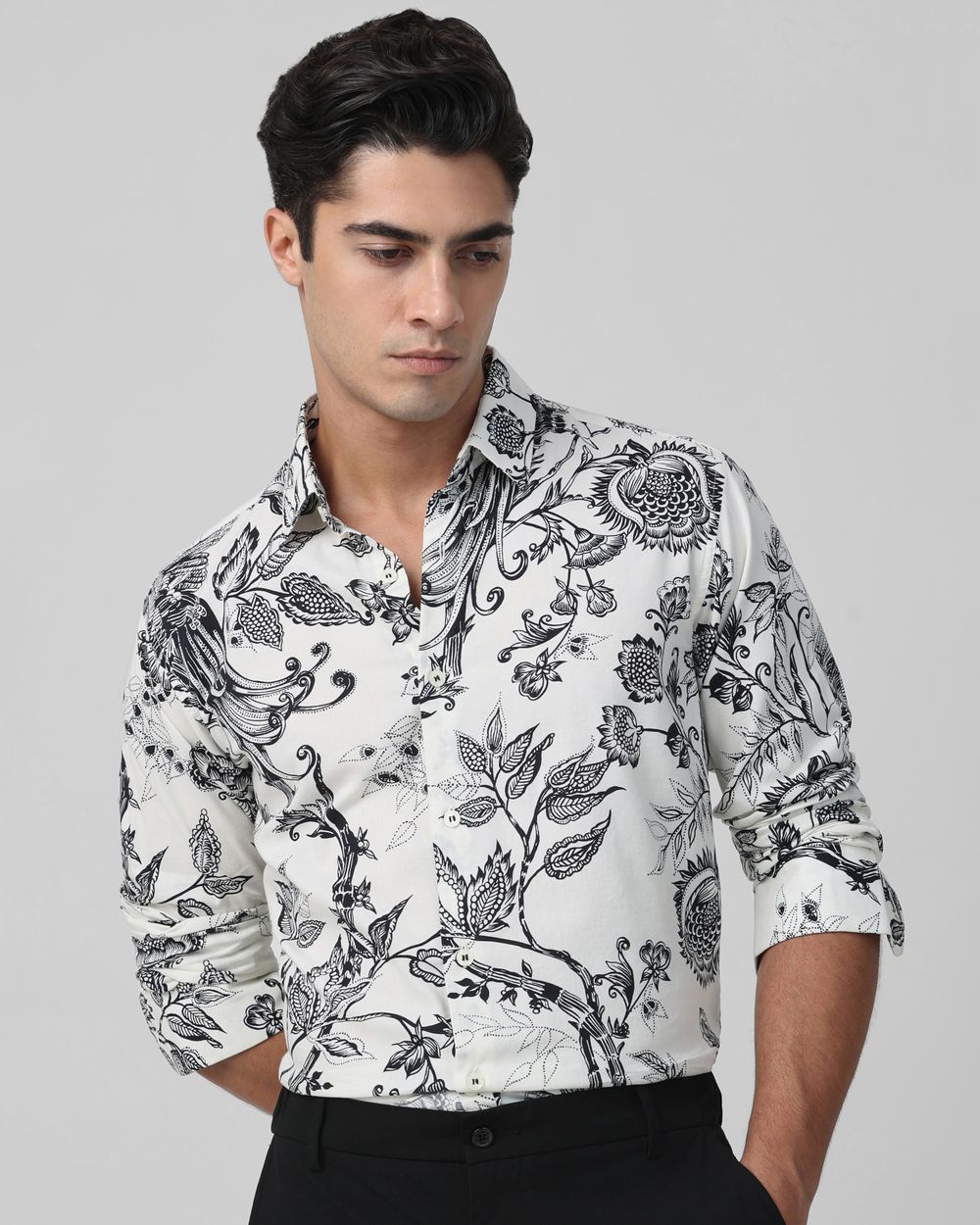 White Leaf Print Slim Fit Casual Shirt