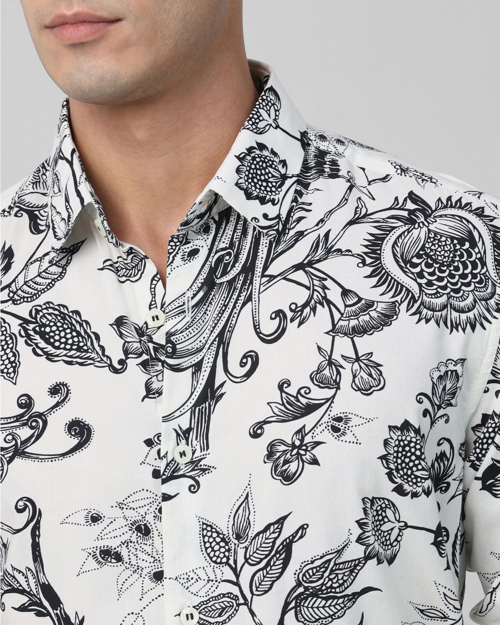 White Leaf Print Slim Fit Casual Shirt